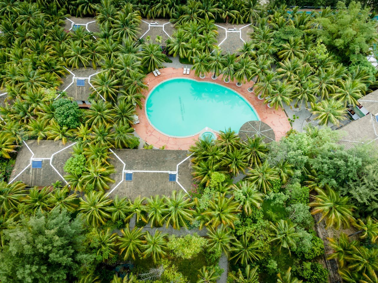Stunning aerial shot of a resort with a swimming pool surrounded by lush palm trees.